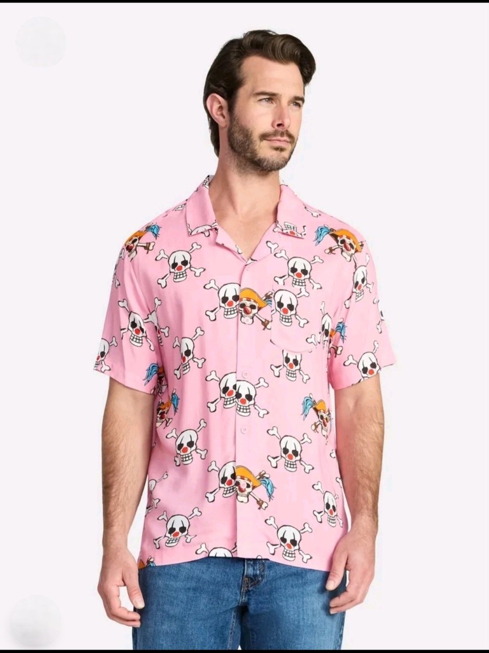 Netflix Pink Skull & Crossbones Short Sleeve Button-Down Shirt